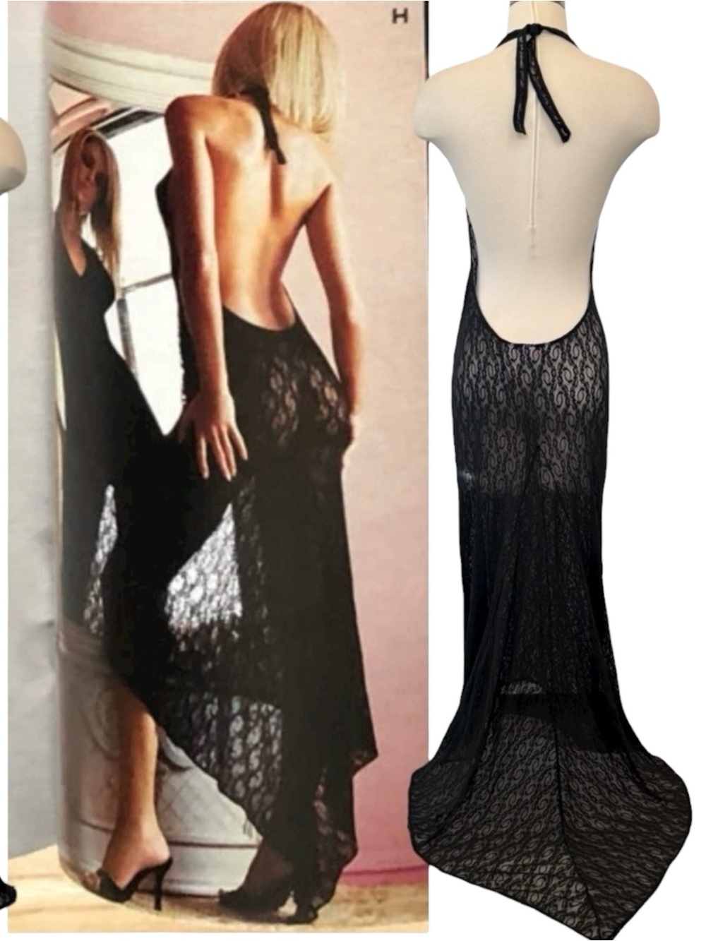 Y2K Victoria’s Secret Sheer Black Lace Mermaid Halter Vintage Maxi Slip Dress S